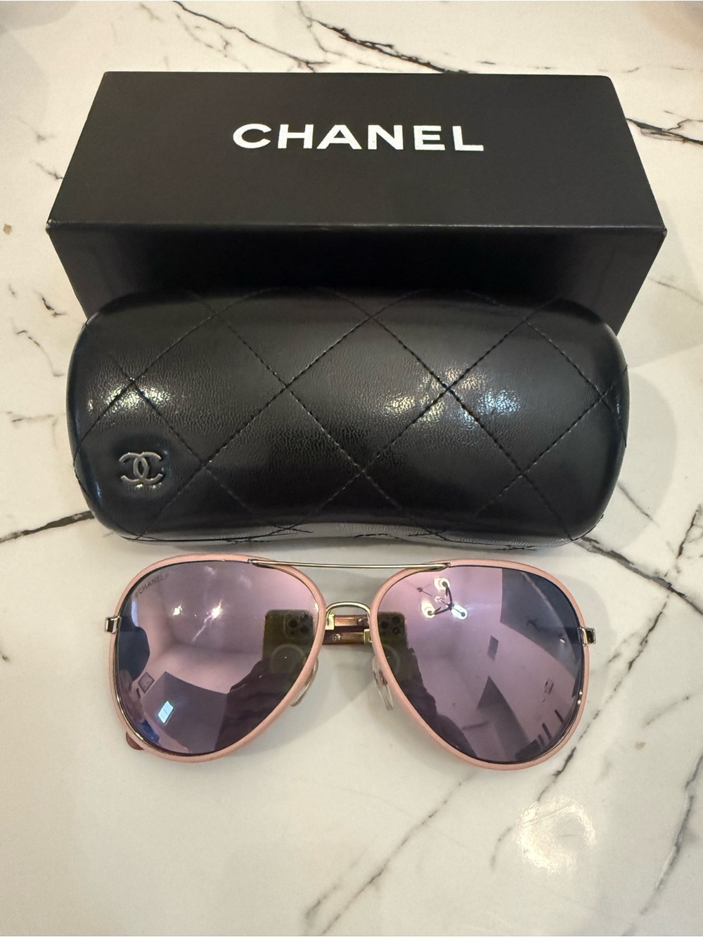 CHANEL Aviator Gold Frame Sunglasses with Pink Leather Trimming & Lenses